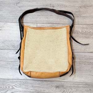 Anthropologie Holding Horses Leather With Crochet Purse Tote Bag Brown Beige